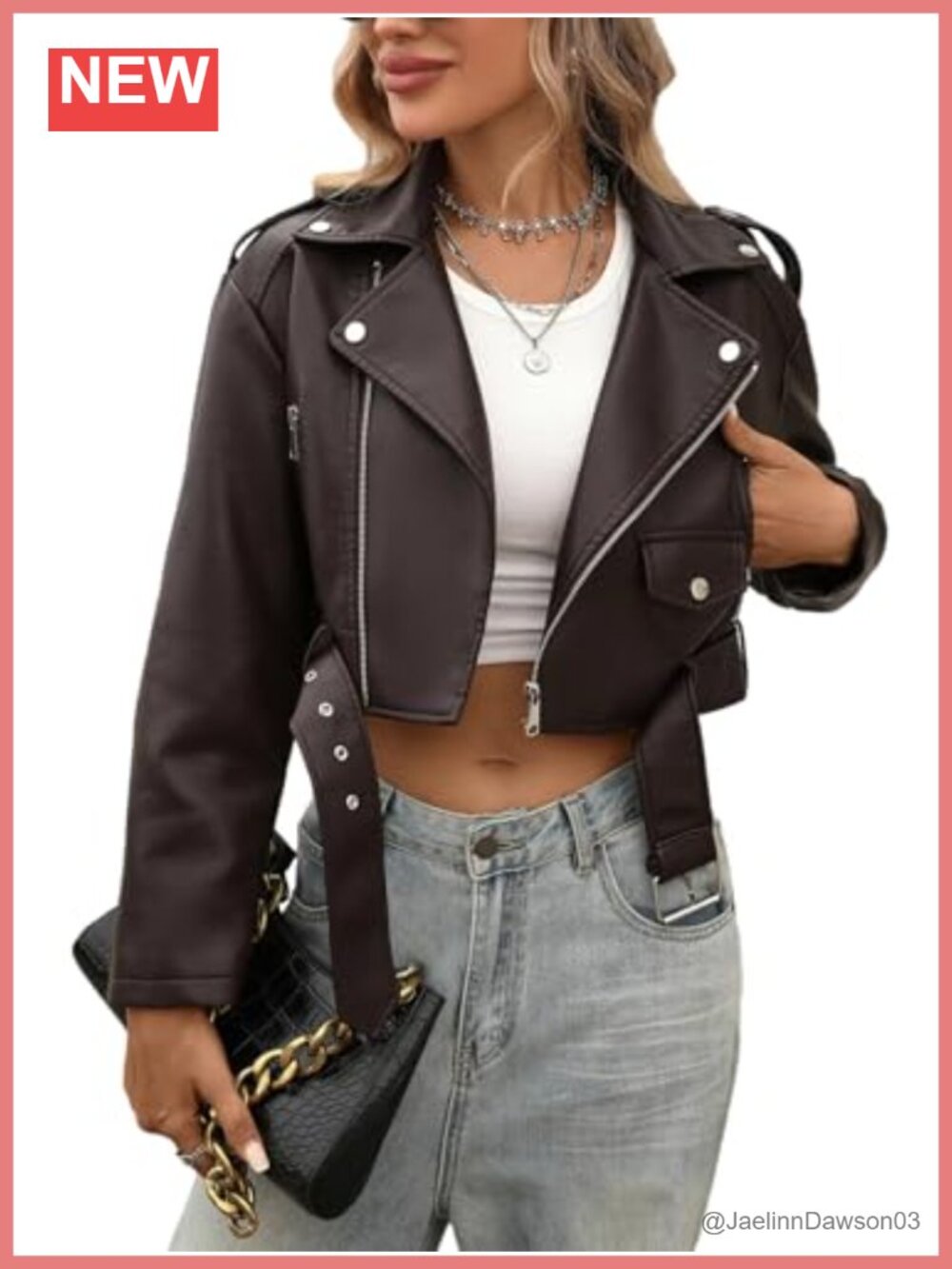 Faux Leather Cropped Bomber Jacket Belted Aviator Motor Biker Coat